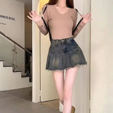 BXOXO Vintage Fringe Design Slimming High-waisted Denim Skirt Women's Mini Dress Plenty Wrinkles For Summer